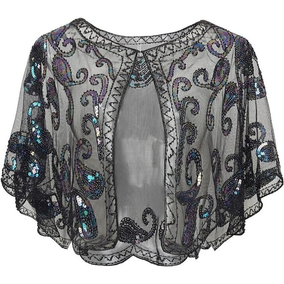 Accessories - Babeyond 1920s Shawl Wraps Beaded Cape Bridal Shawl Cover Up - Black  Colorful